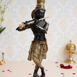eCraftIndia Gold- Toned Lord Krishna Playing Flute Decorative Brass Statue-image-61