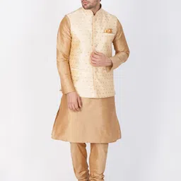 VASTRAMAY Mandarin Collar Kurta With Churidar & Nehru Jacket-picture-17