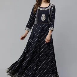 Divena Women Navy Blue & Golden Printed A-Line Kurta-image-97