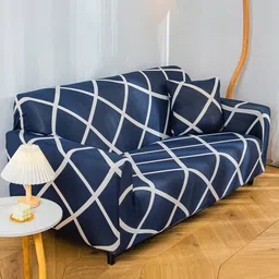HOUSE OF QUIRK Blue & White Printed 3-Seater Non-Slip Sofa Cover-picture-55