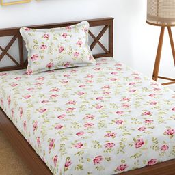 UrbanArts White & Pink Floral Printed 180 TC Single Bedsheet With 1 Pillow Cover-image-13