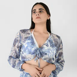 Blissence Women Tropical Printed Tie Up Swimwear Cover Up Top-picture-0