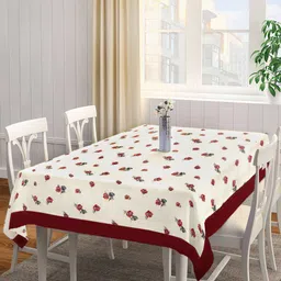 SHADES of LIFE Cream Colored & Maroon Embroidered Cotton 4-Seater Table Cover-image-30