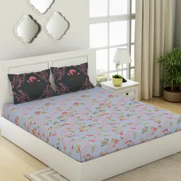 SPACES Blue & Green Floral Cotton 144 TC King Bedsheet With 2 Pillow Covers-image-75