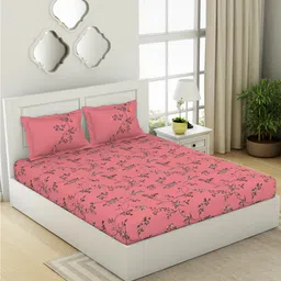 SPACES Lattice Pink & Green Pure Cotton 144 TC Super King Bedsheet with 2 Pillow Covers-image-93