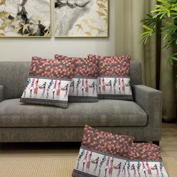 FABINALIV Brown & White 5 Pieces Ethnic Motifs Square Cushion Covers-42