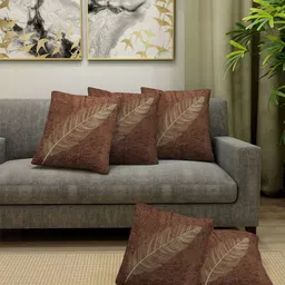 FABINALIV Brown & Yellow 5 Pieces Floral Velvet Square Cushion Covers-28