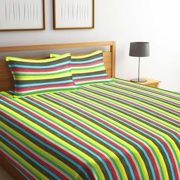 Arrabi Yellow & Green Striped Double Bed Super King Cover With 2 Pillow Covers-image-5