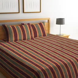 Arrabi Maroon & Green Striped Cotton Handwoven Double King Bed Cover & Pillow Covers-image-16