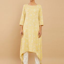 Soch Women Yellow Floral Printed Asymmetric Hemline A-Line Kurta-image-78