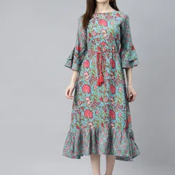 Indibelle Turquoise Blue & Red Ethnic Motifs Printed Bell Sleeves Ethnic A-Line Midi Dress-image-5