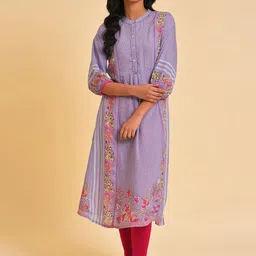 W Purple Mandarin Collar Floral Printed Kurta-picture-55