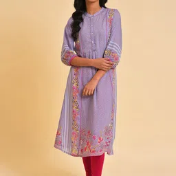 W Purple Mandarin Collar Floral Printed Kurta-picture-22