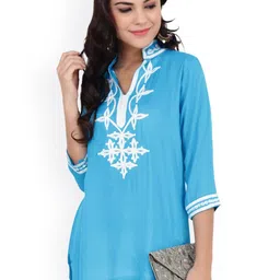 CRAFTBAZAR Floral Yoke Design Thread Work Mandarin Collar A-Line Kurti-picture-14