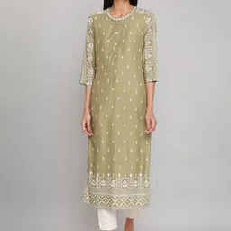 W Women Green Geometric Embellished Keyhole Neck Flared Sleeves Kurta-image-10