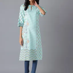 AURELIA Women Teal Floral Printed Keyhole Neck Regular Sleeves Kurta-image-77