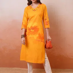 Vishudh Mustard Yellow & Orange Floral Embroidered Thread Work V-Neck Kurta-image-4