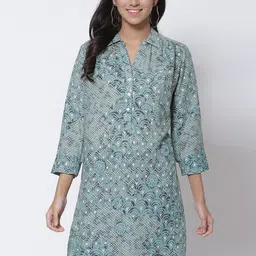 Biba Women Teal Floral Printed Kurta-picture-1