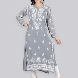 Seva Chikan Ethnic Motifs Embroidered Lucknowi Chikankari Georgette Kurta With Slip-picture-42
