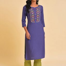 W Purple Floral Yoke Design Thread Work Kurta-image-6
