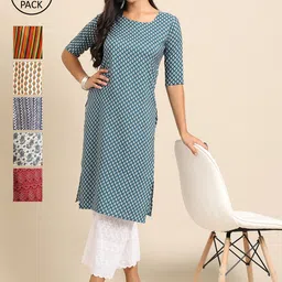 7Threads Women Pack Of 6 Printed Crepe Straight Kurta-image-49