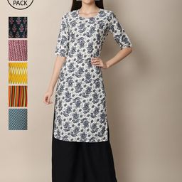 7Threads Women Grey & Yellow Pack of 6 Geometric Printed Crepe Kurtas-image-84