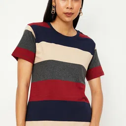 max Women Navy Blue & Maroon Colourblocked Drop-Shoulder Sleeves T-shirt-image-24