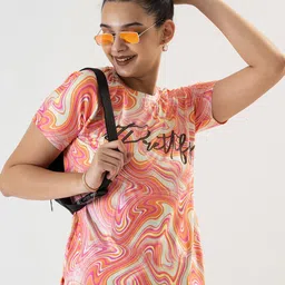 Prettify Women Peach-Coloured Floral Printed Extended Sleeves T-shirt-image-1