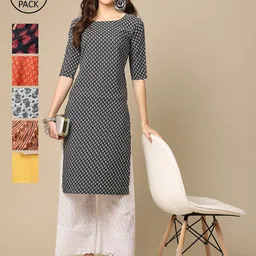 7Threads Women Grey & Red Pack of 6 Geometric Printed Crepe Kurtas-33