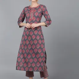 AHIKA Women Mauve & Grey Ethnic Motifs Printed Keyhole Neck Mirror Work Kurta-10