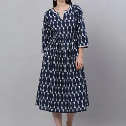 KALINI Women Navy Blue Geometric Printed Cotton Flared Sleeves Indigo Kurta-17