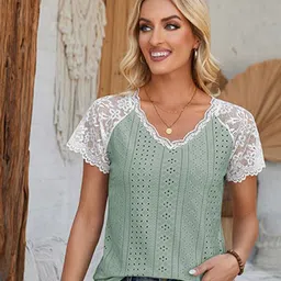 StyleCast x Revolte Green V Neck Short Sleeves Self Design Top-picture-31