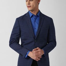 Peter England Elite Men Navy Blue Checked Slim-Fit Single Breasted Casual Blazer-picture-41