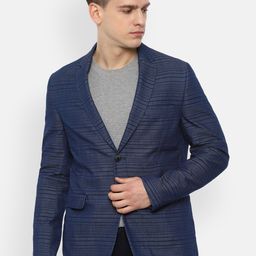 Van Heusen Men Navy Blue Striped Slim-Fit Single-Breasted Blazer-image-99