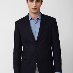 Van Heusen Men Navy Blue Striped Slim-Fit Single-Breasted Blazer-image-97