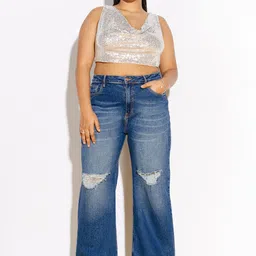 FREAKINS Women Plus Size Blue Wide Leg High-Rise Slash Knee Heavy Fade Jeans-picture-42