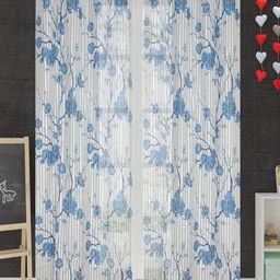 Aura Blue & White 2 Pieces Floral Sheer Window Curtains-image-30