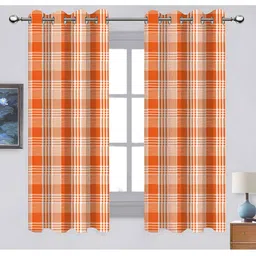 Airwill Orange Coloured & White 2 Pcs Geometric Room Darkening Cotton Window Curtains-image-10