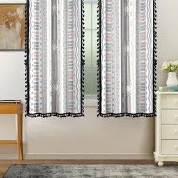 Cortina White & Grey 2 Pcs Geometric Room Darkening Cotton Window Curtains-7