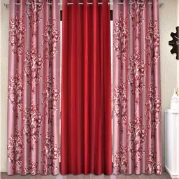 Fashion String Maroon & Off White Set of 3 Floral Window Curtain-12