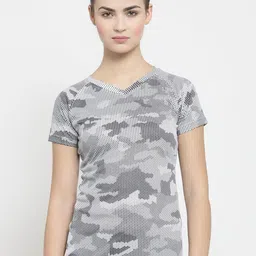 Boston Club Women Black Camouflage Printed V-Neck Dri-FIT Raw Edge T-shirt-picture-34