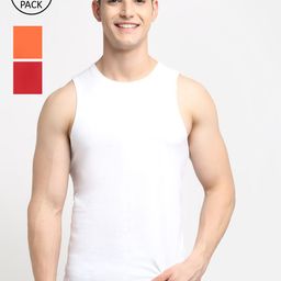 Friskers Men Pack Of 3 White Orange & Red Solid Pure Cotton Innerwear Vests-image-62