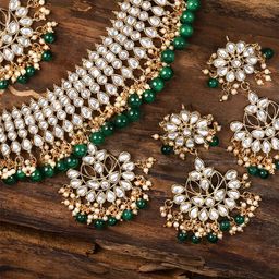 Zaveri Pearls Gold Toned & Green Kundan Traditional Jewellery Set-49