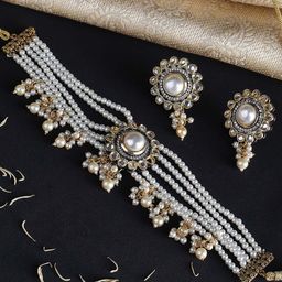 justpeachy Gold-Plated & White Stone-Studded & Pearl Beaded Jewellery Set-26