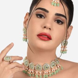 Zaveri Pearls Women Peach & Green Gold-Plated Kundan Choker Jewellery Set-6