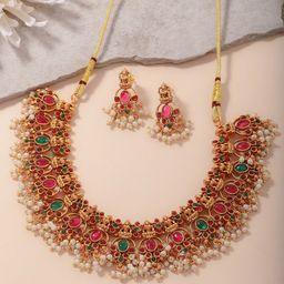 PANASH Gold-Plated Stones-Studded & Beaded Temple Jewellery Set-16