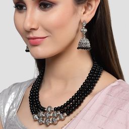 KARATCART Silver-Plated Kundan-Studded & Beaded Oxidised Jewellery Set-picture-5