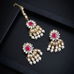Sukkhi Gold-Plated White & Red Kundan & Pearl Studded Antique Jewellery Set-image-49