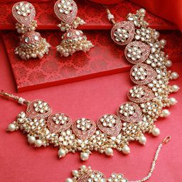Jazz and Sizzle Gold-Plated Maroon & White Kundan-Studded Jewellery Set-73