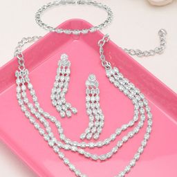 Zaveri Pearls Silver-Plated White Cubic Zirconia Studded Jewellery Set-image-34